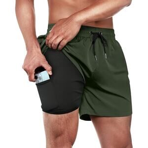 Brisira Mens 36 Army Green Drawstring Waist Quick Dry Compression Lined Shorts